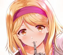 Rule 34 | 10s, 1girl, :d, aldehyde, blonde hair, blush, collarbone, djeeta (granblue fantasy), eyebrows, fighter (granblue fantasy), finger to mouth, frills, gauntlets, granblue fantasy, hair between eyes, hairband, index finger raised, light smile, lips, looking at viewer, open mouth, portrait, short hair, shushing, smile, solo, tareme, upper body, yellow eyes