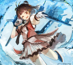 Rule 34 | 1girl, antenna hair, black necktie, blush, brown eyes, brown hair, dated, double bun, frilled skirt, frills, gloves, hair bun, holding, holding microphone, kantai collection, microphone, nagasawa tougo, naka (kancolle), naka kai ni (kancolle), necktie, one eye closed, open mouth, pinky out, puffy short sleeves, puffy sleeves, rigging, sailor collar, school uniform, serafuku, short hair, short sleeves, skirt, solo, sparkle, thighhighs, twitter username, water, white gloves, white thighhighs