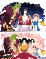 Rule 34 | 1girl, 2palsa, bartolomeo, black hair, blush, boa hancock, breasts, crop top, dress, earrings, eyewear on head, fur trim, glasses, green hair, happy, hat, headband, holding, jewelry, koby (one piece), large breasts, long hair, male focus, marine uniform (one piece), monkey d. luffy, multiple boys, nose piercing, nose ring, one piece, open clothes, open mouth, piercing, pink hair, scar, scar on face, scar on forehead, sharp teeth, short hair, smile, snake earrings, straw hat, tattoo, teeth