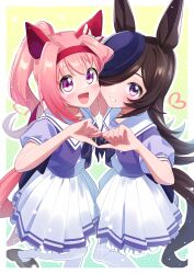 2girls absurdres animal_ears blue_flower blue_rose blush bow bowtie brown_hair ear_covers flower flower_in_eye freely2327 hair_between_eyes hair_intakes hair_over_one_eye hairband haru_urara_(umamusume) hat hat_flower headband high_ponytail highres holding_hands horse_ears horse_girl horse_tail leg_up long_hair long_sleeves looking_at_viewer multiple_girls pink_eyes pink_hair pink_headband pleated_skirt ponytail puffy_short_sleeves puffy_sleeves purple_eyes purple_shirt red_headband rice_shower_(umamusume) rose sailor_collar sailor_shirt school_uniform shirt short_sleeves skirt smile symbol_in_eye tail tilted_headwear tracen_school_uniform umamusume white_skirt