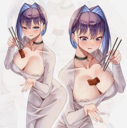 Rule 34 | 1girl, absurdres, black choker, blue eyes, blue hair, bra, breasts, choker, chopsticks, cleavage, collarbone, colored inner hair, dongtan dress, dress, food, food on body, food on breasts, grey dress, hair intakes, highres, holding, holding food, hololive, hololive english, large breasts, long sleeves, looking at viewer, looking down, meat, medium hair, meme attire, multicolored hair, multiple views, nannachu7, ouro kronii, pencil dress, purple hair, short hair, sweatdrop, taut clothes, taut dress, underwear, virtual youtuber, white background, white bra, zoom layer