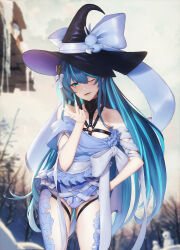 Rule 34 | 1girl, blue eyes, blue hair, blurry, blurry background, breasts, chest harness, hair between eyes, hair ornament, harness, hat, highres, leaning forward, long hair, medium breasts, one eye closed, open mouth, phantasy star, phantasy star online 2, phantasy star online 2 new genesis, solo, witch hat, zeri (zeristudio)
