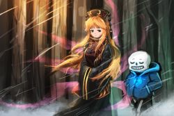 Rule 34 | 1boy, 1girl, bad id, bad pixiv id, black dress, black shorts, blonde hair, blue jacket, chinese clothes, closed eyes, crossover, dress, energy, expressionless, forest, fox tail, glowing, grin, hat, heart, hood, hooded jacket, jacket, junko (touhou), long hair, long sleeves, mo ne, monster boy, multiple tails, nature, own hands together, red eyes, ribbon, sans (undertale), shorts, skeleton, smile, snowing, tabard, tail, touhou, undertale, very long hair, walking, wide sleeves, wind