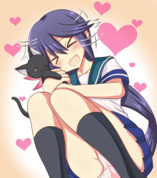 Rule 34 | &gt; &lt;, 10s, 1girl, :3, :d, > <, akebono (kancolle), blue skirt, cat, closed eyes, gradient background, heart, heart background, highres, kantai collection, lying, motion lines, on side, open mouth, panties, pink panties, pleated skirt, purple hair, school uniform, serafuku, skirt, smile, solo, tamayan, thighs, underwear, wavy mouth, xd