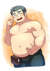 Rule 34 | 1boy, = =, bara, belly, belly grab, blush, character request, chest hair, crave saga, cropped legs, facial hair, fat, fat man, finger to cheek, glasses, green hair, hand up, large pectorals, long sideburns, male focus, mature male, muscular, muscular male, mustache, navel hair, nipples, pants, pectorals, round eyewear, short hair, shy, sideburns, solo, stomach, stubble, sweatdrop, thick eyebrows, thick thighs, thighs, weight conscious, yowaifish