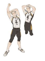 Rule 34 | 1boy, arms behind head, arms up, black hair, black shorts, bokuto koutarou, brown eyes, chengongzi123, chinese commentary, closed mouth, cropped legs, full body, grey hair, haikyuu!!, highres, knee pads, looking at viewer, looking to the side, male focus, multicolored hair, shirt, shoes, short hair, short sleeves, shorts, simple background, smile, sneakers, socks, sportswear, standing, streaked hair, very short hair, volleyball uniform, white background, white footwear, white shirt, white socks