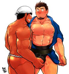 Rule 34 | 2boys, abs, ass, bara, bare pectorals, beard stubble, breath, brown hair, cowboy shot, crotch grab, facial hair, fundoshi, goatee, grin, happi, head scarf, higemorigen, highres, huge eyebrows, japanese clothes, large pectorals, male focus, multiple boys, muscular, muscular male, nipples, original, pectorals, seductive smile, short hair, sideways mouth, smile, standing, stomach, stubble, tareme, thick eyebrows, thick thighs, thighs, topless male, wide-eyed, yaoi