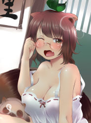 Rule 34 | 1girl, animal ears, bare arms, bare shoulders, blush, breasts, brown eyes, brown hair, chemise, collarbone, commentary request, fang, female focus, futatsuiwa mamizou, glasses, kozue akari, large breasts, leaf, leaf on head, looking at viewer, looking over eyewear, no bra, nose bubble, off shoulder, one eye closed, open mouth, raccoon, raccoon ears, raccoon tail, solo, strap slip, tail, tanuki, tears, touhou, waking up, yawning