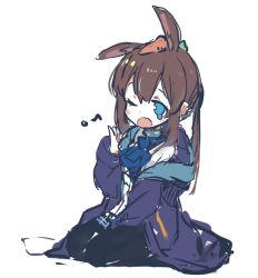 Rule 34 | 1girl, amiya (arknights), animal ears, arknights, blue eyes, blue jacket, blush stickers, carrot, choker, crying, crying with eyes open, feet out of frame, hair between eyes, jacket, long hair, long sleeves, object on head, one eye closed, open clothes, open jacket, pantyhose, ponytail, rabbit ears, shirt, sidelocks, simple background, skirt, solo, sukima (crie), tears, white background, white skirt, yawning