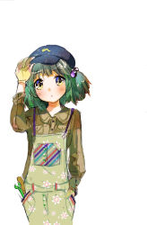 Rule 34 | 1girl, :o, alternate costume, aqua hair, blue eyes, blush, brown gloves, contemporary, dress, gloves, green hair, hair bobbles, hair ornament, hand in pocket, hand on headwear, hat, kawashiro nitori, long sleeves, mini kibou, multicolored eyes, overalls, pants, screwdriver, shirt, short hair, simple background, solo, touhou, twintails, two side up, white background, wrench, yellow eyes