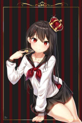 Rule 34 | 1girl, arm support, bad id, bad pixiv id, black sailor collar, black skirt, blush, breasts, brown hair, card, closed mouth, collarbone, crown, hair between eyes, hair ornament, hairclip, hand up, head tilt, heart, highres, holding, holding card, long hair, long sleeves, medium breasts, mini crown, moong gya, neckerchief, original, pleated skirt, red eyes, red neckerchief, sailor collar, school uniform, serafuku, shirt, signature, skirt, smile, solo, striped, striped background, tilted headwear, transparent, vertical stripes, very long hair, white shirt