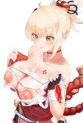 Rule 34 | 1girl, arm tattoo, bandages, blonde hair, blush, breasts, chest tattoo, choker, genshin impact, gloves, hair between eyes, hair ornament, highres, japanese clothes, kanekanegoro, kimono, large breasts, nipples, open mouth, orange kimono, ponytail, puffy nipples, simple background, solo, tattoo, white background, yellow eyes, yoimiya (genshin impact)