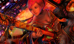 Rule 34 | 1girl, breasts, cleavage, digitalome, guitar, hairband, instrument, japanese clothes, kimono, medium breasts, original, pink hair, solo