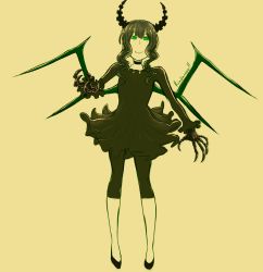 Rule 34 | absurdres, black dress, black hair, black rock shooter, bone wings, choker, claws, dead master, dress, frilled dress, frills, green theme, high heels, highres, horns, looking at viewer, pumps, rinday00, smile, solo, wavy hair