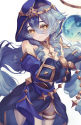 Rule 34 | 1girl, absurdres, ajino (ajtm 7878), bare shoulders, blue dress, blue gloves, blue hair, commentary request, cowboy shot, dress, drill hair, drill sidelocks, genshin impact, gloves, hair between eyes, head tilt, highres, hood, jewelry, juliet sleeves, layla (genshin impact), long hair, long sleeves, looking at viewer, neck ring, pantyhose, puffy sleeves, sidelocks, simple background, solo, standing, thighlet, very long hair, white background, white pantyhose, yellow eyes