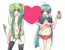 Rule 34 | 2girls, bad id, bad pixiv id, blue eyes, blue hair, censored, convenient censoring, food, genderswap, genderswap (mtf), green eyes, green hair, hair censor, hair over breasts, hatsune miku, ice cream, kaiko, long hair, multiple girls, panties, scarf, spring onion, striped clothes, striped panties, thighhighs, topless, twintails, underwear, vocaloid, yuzumi