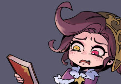 Rule 34 | 1girl, book, brown hair, brown headwear, capelet, disgust, freckles, fur-trimmed capelet, fur trim, grey background, hand up, heterochromia, holding, holding book, league of legends, meme, open mouth, phantom ix row, pink capelet, pink eyes, solo, teeth, upper teeth only, winterblessed zoe, yellow eyes, zoe (league of legends)