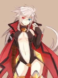Rule 34 | 1girl, ahoge, alpha-01, bare shoulders, blazblue, blush, boots, breasts, bridal gauntlets, cape, center opening, cleavage, contrapposto, crotch plate, elbow gloves, genderswap, genderswap (mtf), gloves, green eyes, heterochromia, long hair, medium breasts, midriff, ragna the bloodedge, red eyes, revealing clothes, silver hair, solo, standing, thigh boots, thighhighs, tomo (tomorag7), very long hair
