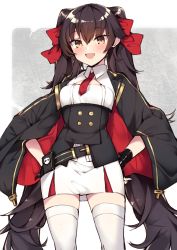 Rule 34 | 1girl, black cape, black hair, blush, breasts, buttons, cape, double-breasted, fang, girls&#039; frontline, gloves, hair between eyes, hair ribbon, hands on own hips, haruyuki (yukichasoba), highres, long hair, open mouth, red neckwear, red ribbon, ribbon, shirt, simple background, skin fang, skirt, solo, thighhighs, twintails, type 97 (girls&#039; frontline), very long hair, white thighhighs, yellow eyes