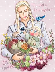 Rule 34 | 2boys, :d, apple, basket, bird, blonde hair, blue eyes, blush, character name, child, dated, father and son, flower, food, fruit, highres, kazuki-mendou, tolkien&#039;s legendarium, legolas, long hair, multiple boys, open mouth, orange flower, pear, pink background, pointy ears, signature, simple background, smile, the hobbit, thranduil, yellow flower, aged down