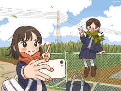 Rule 34 | 2girls, :d, bad id, bad twitter id, bag, black eyes, black hair, blush stickers, braid, brown footwear, cellphone, chain-link fence, closed mouth, cloud, cloudy sky, dated, day, falling leaves, fence, glasses, green scarf, highres, holding, holding phone, leaf, loafers, multiple girls, open mouth, original, outdoors, parted bangs, phone, power lines, red scarf, scarf, school bag, selfie, shoes, sitting, skirt, sky, smartphone, smile, socks, twin braids, twitter username, v, v-shaped eyebrows, wakaba maekawa, wind