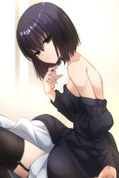 Rule 34 | 1girl, bare shoulders, black dress, black eyes, black hair, black thighhighs, breasts, closed mouth, commentary request, dress, expressionless, fingernails, garter straps, half-closed eyes, highres, kuonji alice, long sleeves, looking at viewer, mahou tsukai no yoru, off shoulder, short hair, sitting, small breasts, solo, thighhighs, vent vert (kuuya)