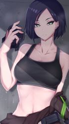 Rule 34 | 1girl, animification, black bra, black hair, bra, breasts, casual, closed mouth, collarbone, covered erect nipples, gas mask, green eyes, highres, holding, holding mask, looking at viewer, mask, medium breasts, midriff, mouth mask, no mask, ruberule, short hair, solo, sports bra, sweat, underwear, valorant, viper (valorant), wet
