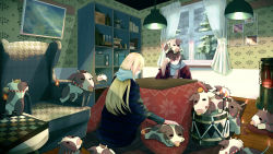Rule 34 | 2girls, absurdres, animal, animal on head, armchair, atelier bell, black hair, blonde hair, bookshelf, chair, chessboard, cow, curtains, drum, fire, flame-tipped tail, food, fruit, hand on forehead, hanging light, hanten (clothes), heater, highres, houndstooth, hourglass, indoors, instrument, kotatsu, long hair, long sleeves, mandarin orange, multiple girls, on floor, on head, original, petting, photo (object), profile, scarf, shelf, snowing, table, too many, undersized animal, wallpaper (object), window, winter, wooden floor