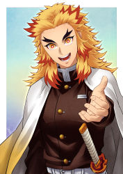Rule 34 | 1boy, :d, black jacket, blonde hair, blue background, border, cape, forked eyebrows, gradient cape, highres, jacket, kimetsu no yaiba, long sleeves, looking at viewer, male focus, multicolored hair, open mouth, outside border, reaching, reaching towards viewer, red hair, remsor076, rengoku kyoujurou, sheath, sheathed, smile, solo, sword, two-tone hair, uniform, weapon, white border, white cape, yellow cape, yellow eyes