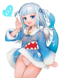 Rule 34 | 1girl, animal costume, animal hood, blue eyes, blue hair, blue hoodie, bluesnail, blunt bangs, cameltoe, covered erect nipples, fins, fish tail, gawr gura, hair ornament, heart, highres, hololive, hololive english, hood, hoodie, long sleeves, looking at viewer, medium hair, multicolored hair, nipples, open mouth, paid reward available, panties, see-through, shark costume, shark girl, shark hair ornament, shark hood, shark tail, sharp teeth, side-tie panties, sidelocks, silver hair, simple background, solo, streaked hair, string panties, tail, teeth, two side up, underwear, virtual youtuber, white background, white panties, wide sleeves