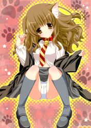 Rule 34 | 1girl, absurdres, animal ears, animification, bell, blush, brown eyes, brown hair, cameltoe, cat ears, dress shirt, harry potter (series), hermione granger, highres, jingle bell, kneehighs, long hair, mary janes, necktie, panties, shigunyan, shirt, shoes, sitting, smile, socks, solo, unbuttoned, underwear, wizarding world