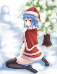 Rule 34 | 1girl, blue hair, blurry, blush, breasts, capelet, depth of field, from behind, fur-trimmed capelet, fur trim, hat, highres, lanse dai mao, large breasts, looking at viewer, looking back, mouth hold, pine tree, prinz eugen (warship girls r), santa costume, santa hat, short hair, sitting, skindentation, snowman, solo, thighhighs, thighs, tree, wariza, warship girls r, yellow eyes