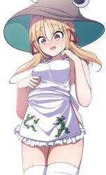 Rule 34 | 1girl, @ @, absurdres, animal print, apron, blonde hair, blush, breasts, crotch outline, d:, darumoon, dot nose, frog, frog print, groin outline, hair ribbon, hand on own stomach, hand up, hat, highres, looking down, low twintails, medium breasts, medium hair, moriya suwako, naked apron, nose blush, open mouth, parted bangs, pyonta, ribbon, sidelocks, simple background, solo, sweatdrop, thighhighs, touhou, twintails, wavy mouth, white background, yellow eyes, zettai ryouiki