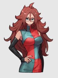 Rule 34 | 1girl, android 21, blue eyes, breasts, checkered clothes, checkered dress, closed mouth, dragon ball, dragon ball fighterz, dress, earrings, glasses, grey background, hair between eyes, hand on own hip, hoop earrings, jewelry, kemachiku, long hair, looking at viewer, medium breasts, red eyes, red hair, simple background, solo