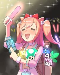 Rule 34 | 1-up mushroom, 1girl, 1up, :d, = =, agnes digital (umamusume), bottle, bow, card, closed eyes, creatures (company), crowd, crying, dragon quest, fairy, game freak, glowstick, hair bow, highres, holding, holding card, holding glowstick, katwo, kirby (series), mario (series), max revive, mega man (classic), mega man (series), monster reborn, nintendo, open mouth, orange hair, pink hair, pokemon, red bow, smile, sparkle, the legend of zelda, the legend of zelda: ocarina of time, two side up, umamusume, upper body