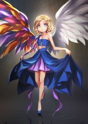 Rule 34 | 1girl, angel, angel wings, asymmetrical wings, blonde hair, borrowed character, cassie (acerailgun), cyborg, feathered wings, feathers, flat chest, full body, grey eyes, highres, jewelry, kriss sison, single mechanical arm, mechanical wings, original, pendant, reflection, smile, solo, standing, standing on liquid, standing on one leg, water, wings