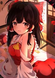 Rule 34 | 1girl, ass, bad id, bad twitter id, bare shoulders, black hair, blush, bow, breasts, coin, collar, detached sleeves, door, gap (touhou), hair between eyes, hair tubes, hakurei reimu, heart, heart-shaped pupils, highres, light, long sleeves, looking at viewer, lying, medium breasts, medium hair, money, on side, open mouth, red bow, red eyes, red shirt, red skirt, shadow, shangurira, shirt, skirt, solo, sunlight, symbol-shaped pupils, touhou, wall, white collar, white sleeves, yellow eyes, yellow neckwear