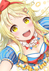 Rule 34 | 1girl, :d, abstract background, absurdres, bang dream!, blonde hair, blush, bow, breasts, cleavage, dress, frilled dress, frills, from above, hair bow, hair ornament, hairclip, highres, long hair, looking at viewer, noshimurin, open mouth, short sleeves, smile, solo, star (symbol), teeth, tsurumaki kokoro, upper teeth only, yellow eyes