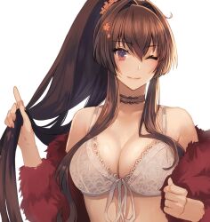 Rule 34 | 1girl, bare shoulders, bra, breasts, brown hair, choker, cleavage, collarbone, foreshortening, front-tie bra, fur jacket, hair between eyes, hair intakes, high ponytail, holding, holding own hair, jacket, kantai collection, kasumi (skchkko), large breasts, long hair, looking at viewer, one eye closed, open clothes, red choker, red jacket, sidelocks, simple background, solo, underwear, upper body, white background, white bra, yamato (kancolle)