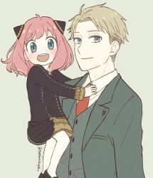 Rule 34 | 1boy, 1girl, ahoge, anya (spy x family), black dress, blonde hair, blue eyes, blush, carrying, carrying person, child, closed mouth, collared shirt, commentary request, dress, eyelashes, father and daughter, feet out of frame, green eyes, green jacket, happy, highres, jacket, long sleeves, looking at viewer, medium hair, necktie, open clothes, open jacket, open mouth, oyasumisuya, pink hair, red necktie, round teeth, school uniform, shirt, short dress, short hair, smile, spy x family, teeth, twilight (spy x family), upper body, upper teeth only, white shirt