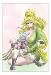 Rule 34 | 1990s (style), 1boy, 1girl, barbariccia, blonde hair, blue hair, boots, breasts, cape, cleavage, couple, earrings, edward geraldine, final fantasy, final fantasy iv, green eyes, green lips, japanese clothes, jewelry, kimono, kuu (pixiv582427), large breasts, long hair, ponytail, short hair, shoulder pads, sitting, very long hair