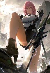 1girl 95_(jiuwujiang) absurdres black_footwear black_gloves black_skirt breasts building commentary_request debris earrings from_behind glasses gloves grey_sky high_heels highres jewelry large_breasts legs long_hair outdoors pencil_skirt pink_eyes pink_hair second-party_source shirt skirt sky skyscraper solo thighs tsukishiro_yanagi weapon white_shirt zenless_zone_zero