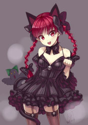 Rule 34 | 1girl, :d, alternate costume, animal ears, bare shoulders, black thighhighs, blush, bow, braid, breasts, cat ears, cat tail, choker, detached sleeves, dress, extra ears, fang, garter straps, gothic lolita, hair bow, kaenbyou rin, lolita fashion, long hair, looking at viewer, medium breasts, open mouth, paw pose, pinstripe pattern, pointy ears, red eyes, red hair, reiuji utsuho, reiuji utsuho (bird), simple background, smile, striped, tail, thighhighs, touhou, touya (the-moon), twin braids, zettai ryouiki