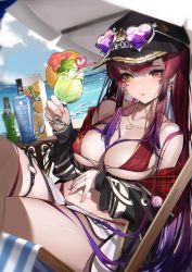 Rule 34 | 1girl, absurdres, bare shoulders, baseball cap, beach, beach umbrella, bikini, bikini under clothes, black hat, black jacket, bottle, breasts, cloud, crazy straw, crossed legs, cup, drinking glass, drinking straw, earrings, eyewear on headwear, flower, gradient hair, halterneck, hand on own stomach, hand up, hat, heart, heart-shaped eyewear, heart earrings, heart necklace, heart straw, heterochromia, highres, holding, holding cup, hololive, houshou marine, houshou marine (summer), huge filesize, jacket, jewelry, juice box, large breasts, long hair, long sleeves, looking at viewer, lumium, multicolored hair, nail polish, necklace, o-ring, o-ring thigh strap, off shoulder, outdoors, parted lips, pink flower, pink nails, puffy long sleeves, puffy sleeves, purple hair, red bikini, red eyes, red hair, short shorts, shorts, sitting, solo, string bikini, sunglasses, swimsuit, thigh strap, umbrella, very long hair, virtual youtuber, white shorts, yellow eyes