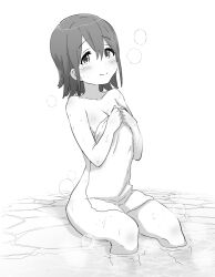 Rule 34 | 1girl, blush, breasts, collarbone, commentary, covering privates, dot nose, eyelashes, greyscale, hair between eyes, hands up, holding, holding towel, idolmaster, idolmaster million live!, kasuga mirai, looking at viewer, minazuki tooru, monochrome, naked towel, nude cover, onsen, partially submerged, short hair, sidelocks, sitting, small breasts, smile, solo, steam, stone floor, thighs, towel, wet, white background