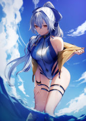 Rule 34 | 1girl, blue bow, blue one-piece swimsuit, blue sky, bow, breasts, closed mouth, cloud, commentary request, day, fate/grand order, fate (series), floating hair, genyaky, hair between eyes, hair bow, hand on own thigh, highleg, highleg swimsuit, highres, jacket, large breasts, long hair, looking at viewer, off shoulder, one-piece swimsuit, outdoors, ponytail, red eyes, sideboob, silver hair, sky, smile, solo, standing, swimsuit, thigh strap, thighs, tomoe gozen (fate), tomoe gozen (swimsuit saber) (fate), two-tone swimsuit, very long hair, wading, water, white one-piece swimsuit, yellow jacket