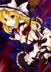 Rule 34 | 1girl, :o, absurdres, akisome hatsuka, apron, between legs, black hat, black skirt, black thighhighs, blonde hair, blush, boroe, bow, braid, breasts, eyebrows, gloves, hair between eyes, hair bow, hand between legs, hat, highres, holding, kirisame marisa, long hair, looking at viewer, open mouth, red bow, red gloves, shirt, single braid, skirt, small breasts, solo, thighhighs, torn clothes, torn skirt, torn thighhighs, touhou, underboob, waist apron, white apron, white shirt, witch hat, yellow eyes