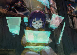 Rule 34 | 1girl, a-chan (hololive), aged down, black-framed eyewear, blue eyes, blue hair, commentary request, funi mu9, glasses, headset, highres, hologram, holographic interface, holographic monitor, holographic touchscreen, hololive, indoors, open mouth, short hair, sitting, solo, swept bangs, tokino sora, virtual youtuber, yellow raincoat