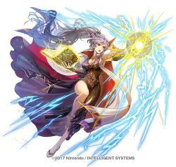 Rule 34 | 1girl, book, breasts, cape, dress, electricity, fire emblem, fire emblem: genealogy of the holy war, fire emblem heroes, flower, gloves, hair ornament, hand up, high heels, ishtar (fire emblem), jewelry, legs, lightning, long hair, magic, nijihayashi, nintendo, non-web source, official alternate costume, open mouth, outstretched hand, simple background, solo, very long hair, white background