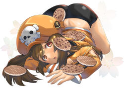 Rule 34 | 1girl, all fours, ass, bike shorts, blush, brown eyes, brown hair, guilty gear, guilty gear strive, hat, ibis1, long hair, looking at viewer, may (guilty gear), open mouth, pirate, pirate hat, short shorts, shorts, skull and crossbones, solo, top-down bottom-up